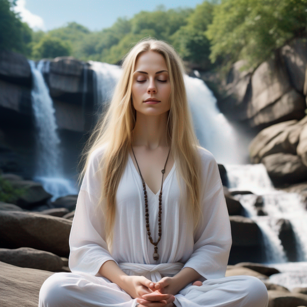 Femme pratiquant le breathwork en méditation devant une cascade paisible, illustrant les techniques de respiration pour la réduction du stress.